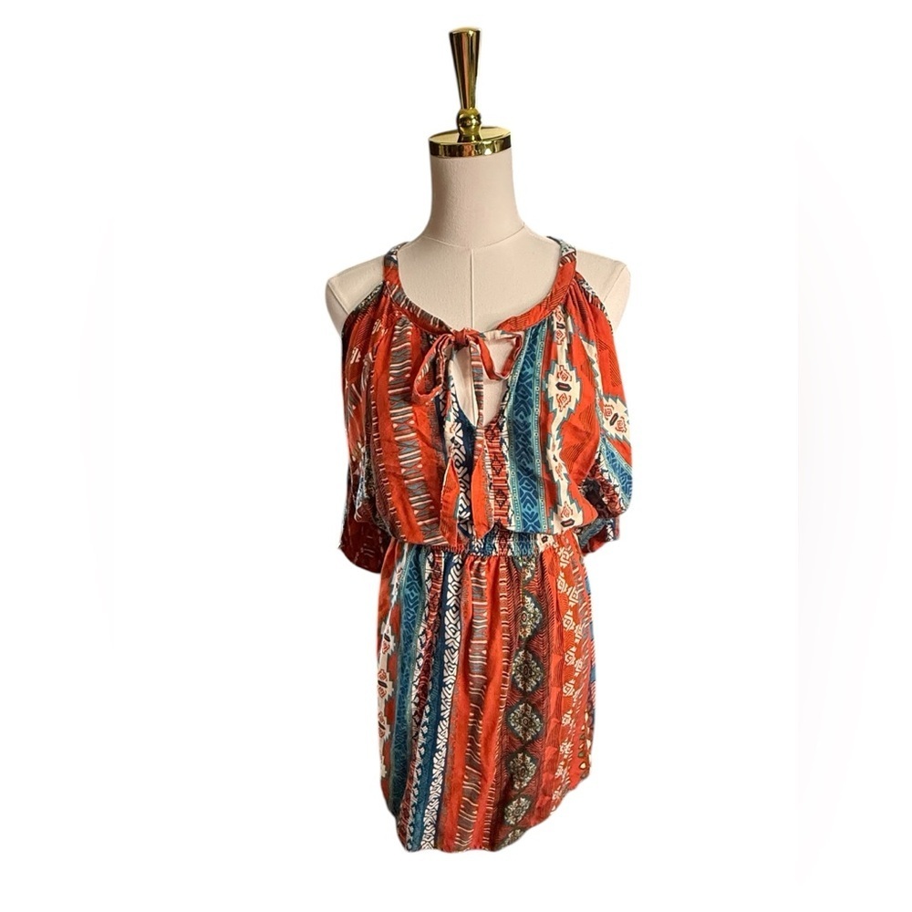 Hot & Delicious Rust & Teal Bohemian Midi Aztec Cold Shoulder Dress Size S